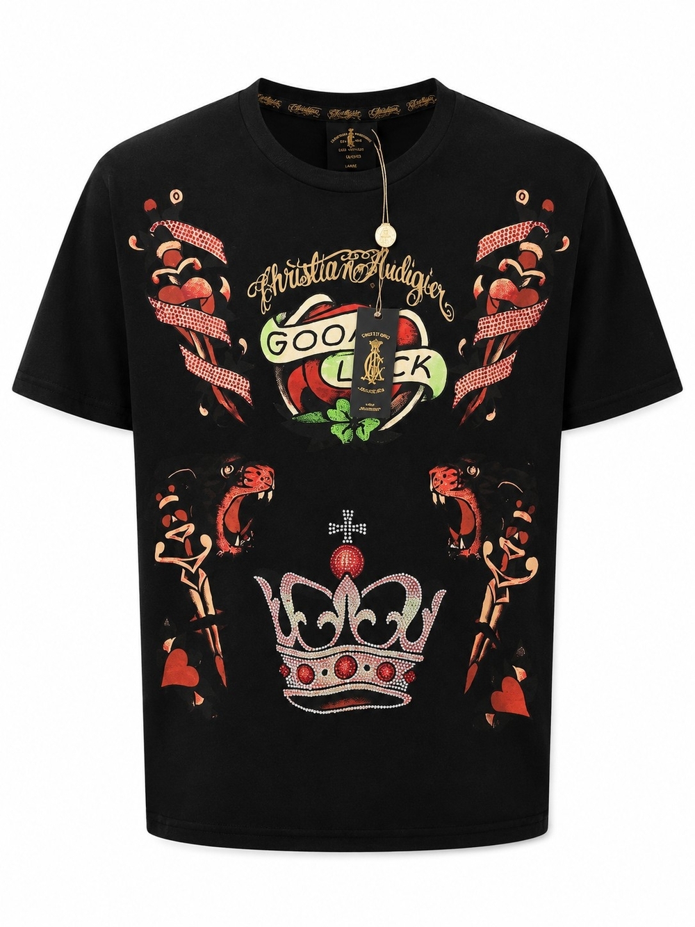 🆕️Christian Audigier Good Luck Graphic T-Shirt Black Medium NWT Rhinestone